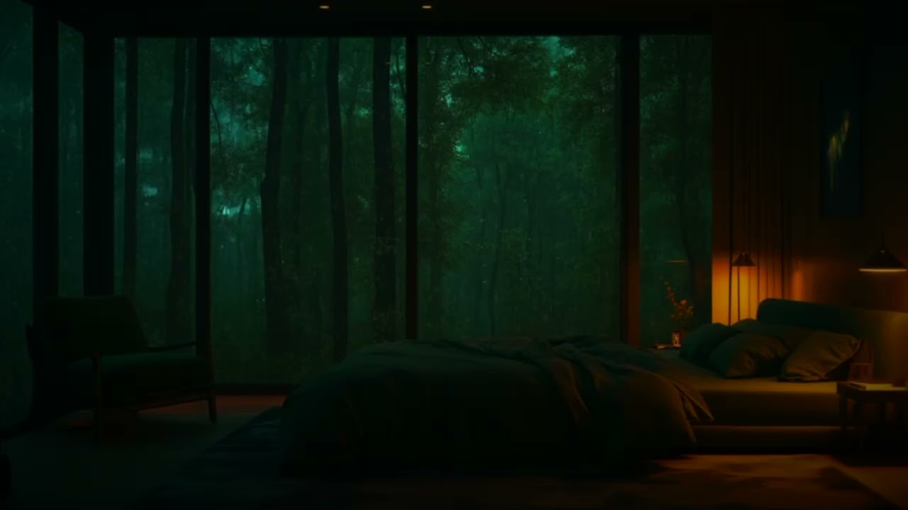 Gentle Thunderstorm Rain Sounds ⛈️ | Cozy Bedroom with Forest Window | 5 Hours