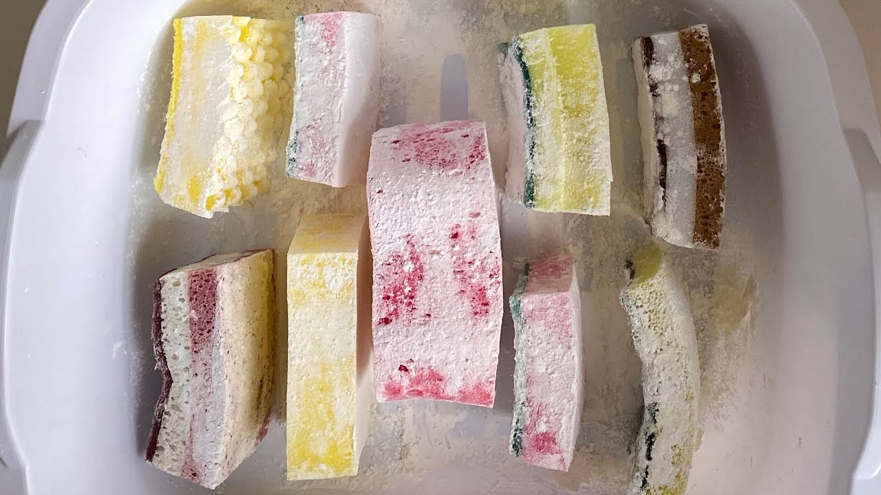 ASMR powder jelly bulk sponge ripping in corn starch - crispy scours and foam - satisfying sounds