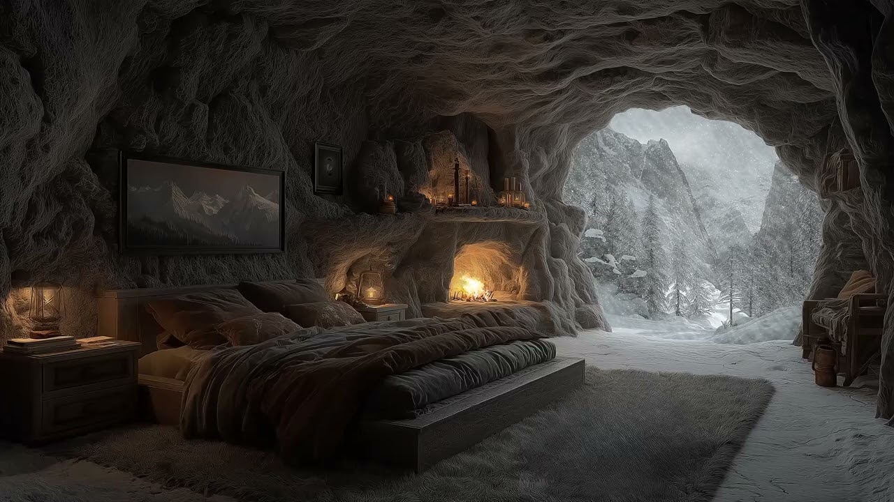 🎧Winter Sanctuary with Fireplace | Peaceful Cave Ambience for Deep Sleep, Reading & Ultimate Comfort