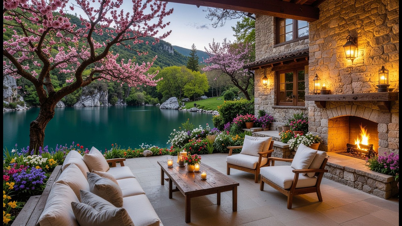 Cozy Lakeside Fireplace Spring Ambience 🔥🌸 Relaxing Fire Sounds for Sleep, Study & Relax (2 Hours)