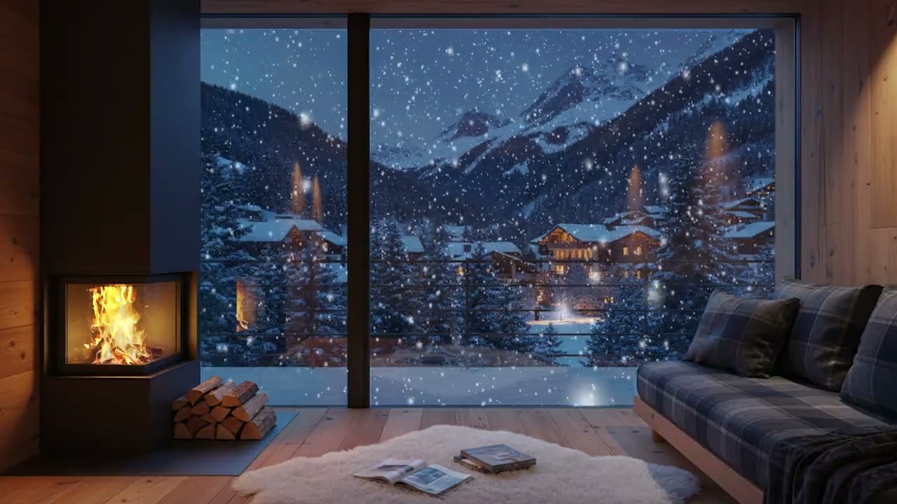 Cozy Winter Cabin Ambience ❄️ Crackling Fireplace & Gentle Snowfall for Deep Sleep