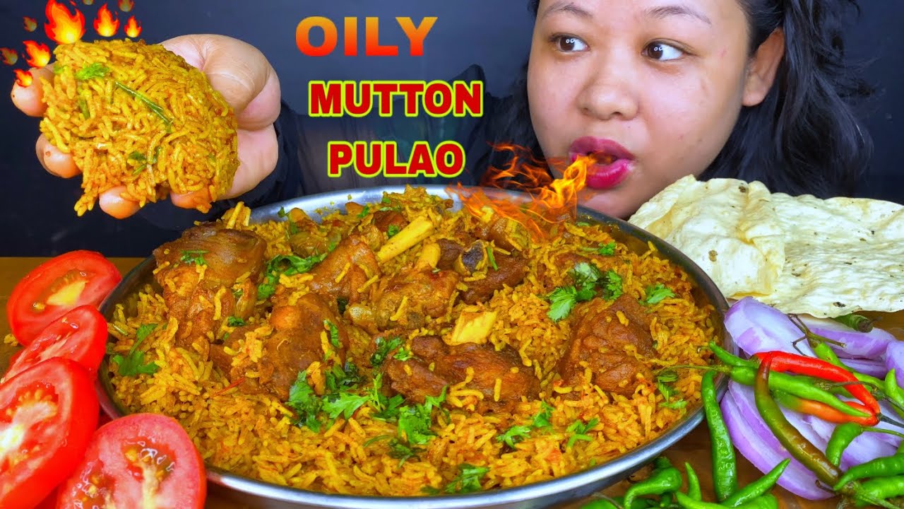 OILY🔥SPICY MUTTON PULAO, LOT OF SALAD, PAPAD & CHILLIES MUKBANG | SPICY MUTTON MUKBANG ASMR