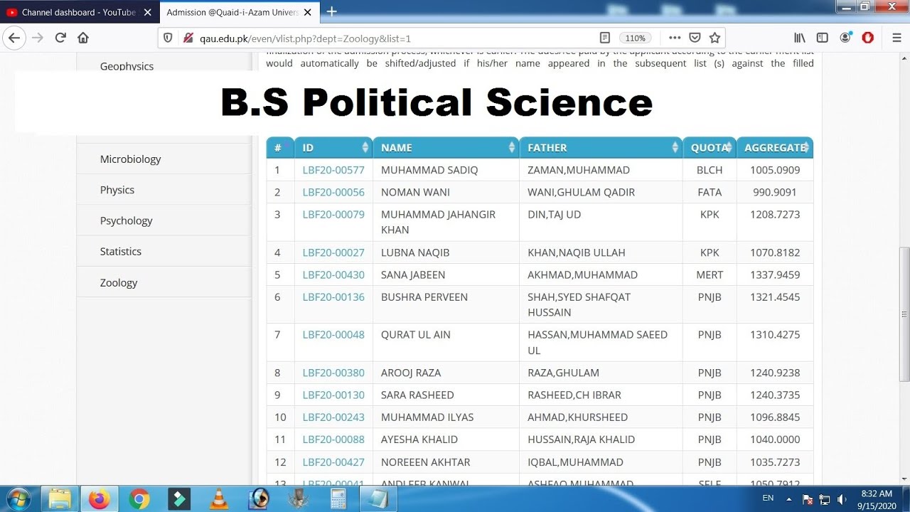 Quaid-e-Azam University | B.S Political Science 7th Merit List 2020