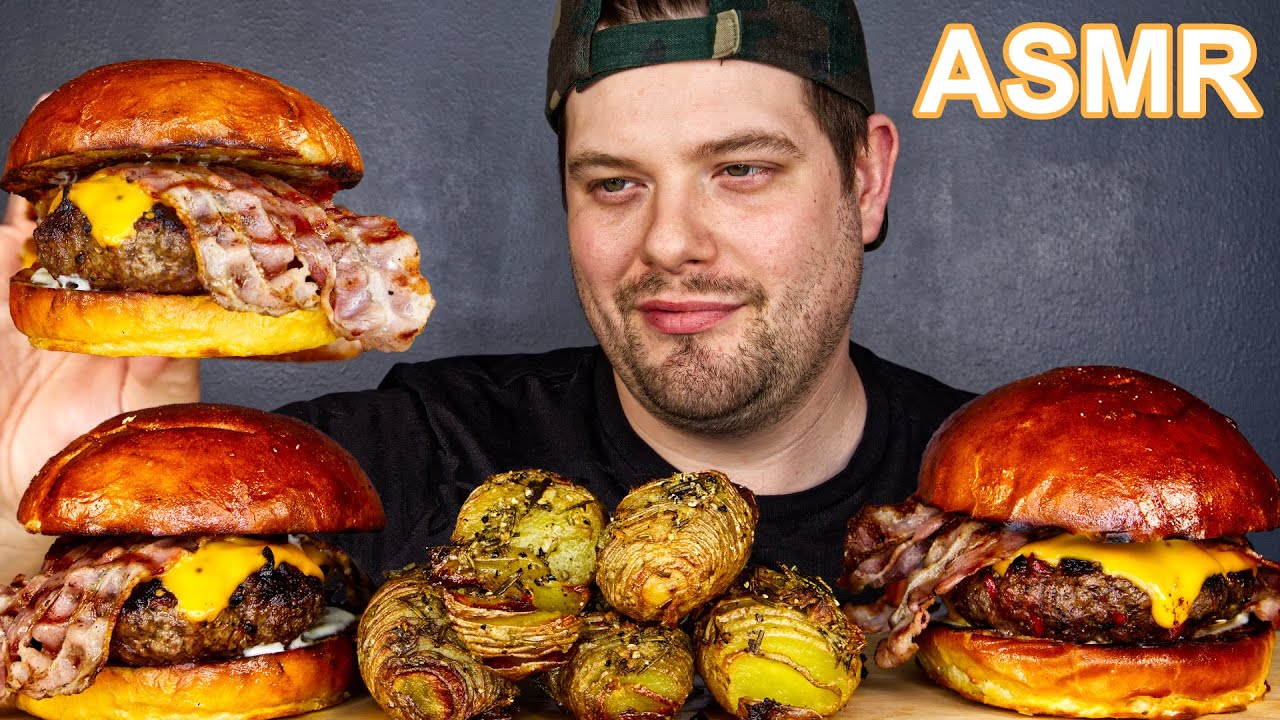 ASMR MUKBANG BACON CHILI CHEESEBURGERS & HASSELBACK POTATOES | DAVE KAY ASMR