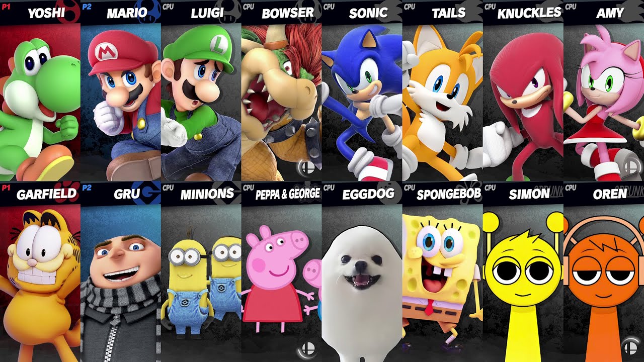 Sonic vs Mario vs SpongeBob vs Bowser vs Yoshi vs Tails vs Sprunki | Super Smash Bros Ultimate