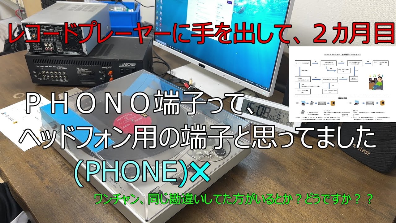 レコードプレーヤーに手を出して、２カ月目。PHONO端子、勘違いしてました。初心者用の機器接続フローチャート　Technics SL-1301