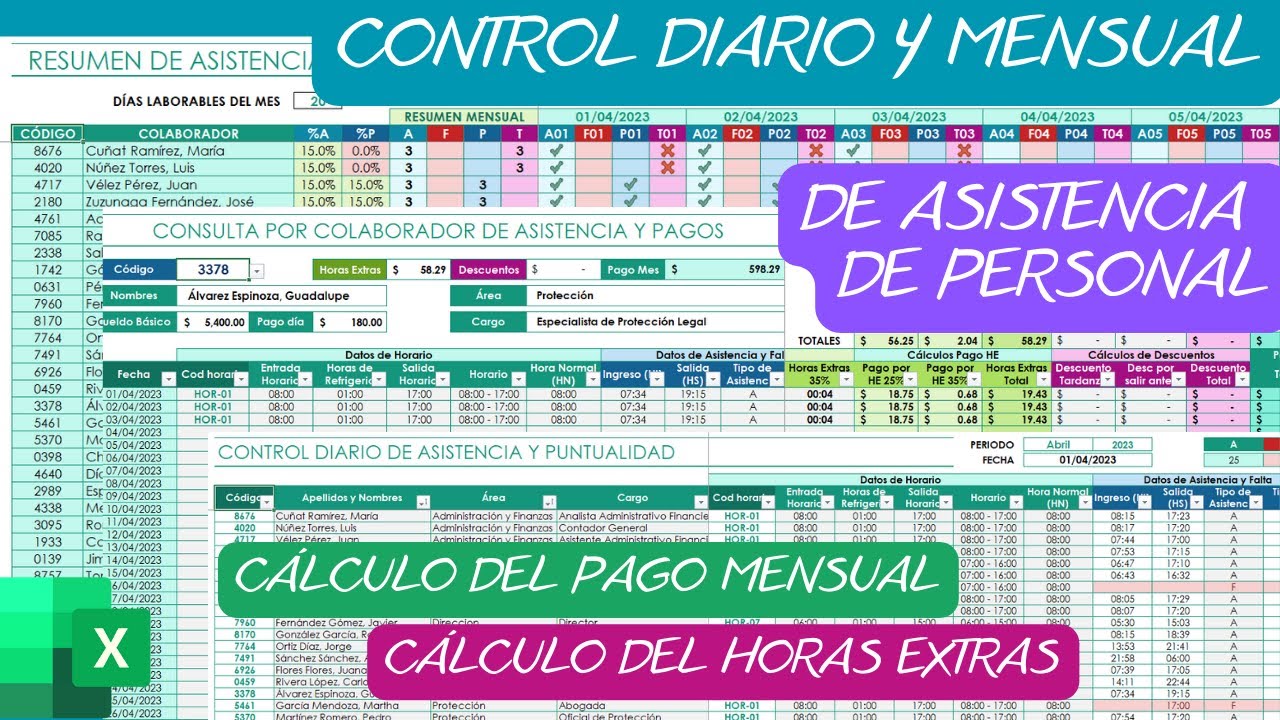 CONTROL DE ASISTENCIA DE PERSONAL📆en Excel✅Sueldos y Horas Extras