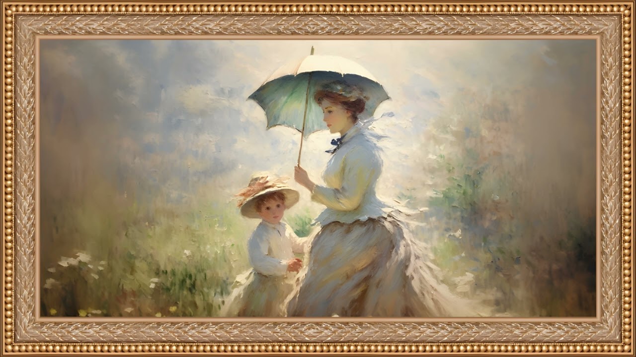 Summer Garden, Woman and Child Vintage Impressionist Oil Painting | Framed Art Screensaver for TV