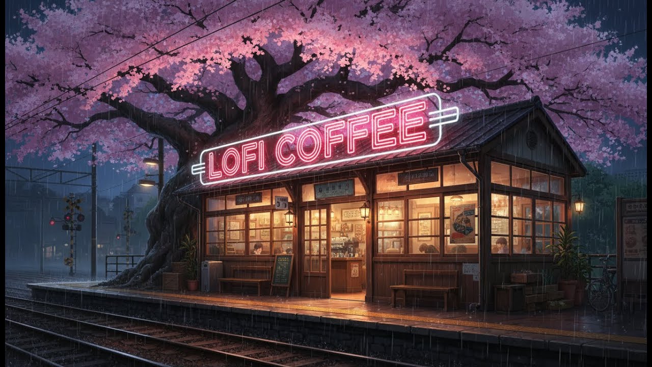 🌧️ Rainy Night Lofi Study Focus Beats 🌸☕ Neon Sakura Tram Stop Coffee Break