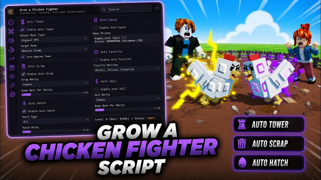[NO BAN] Grow a Chicken Fighter Script | Auto Tower, Auto Scrap, Auto Hatch & More.. | PC & MOBILE!