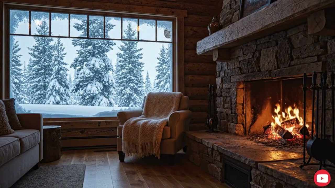 Cozy Winter Ambience with Crackling Fireplace & Heavy Snow ❄️