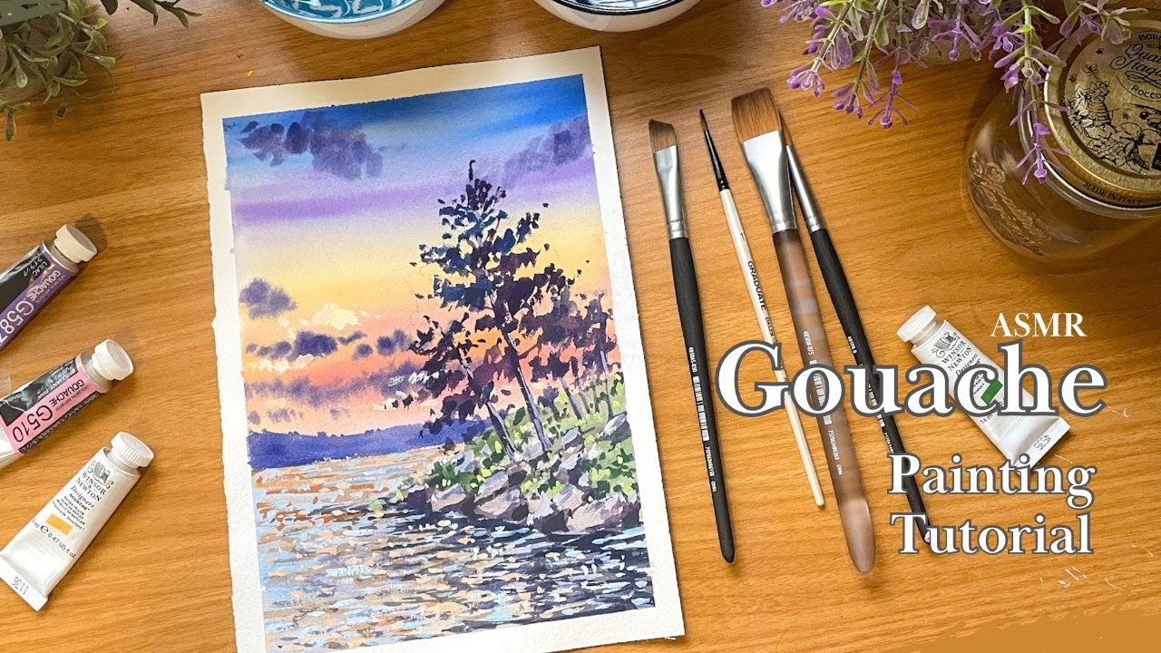 ASMR Painting / Easy Gouache Landscape Tutorial. Relaxing Music No Talking 🌿