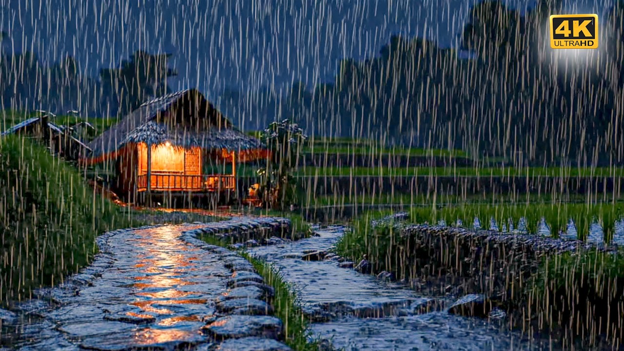 Tropical Rain Sound No Thunder on Traditional Bamboo Hut and Stone Path Rural Indonesia Ambience