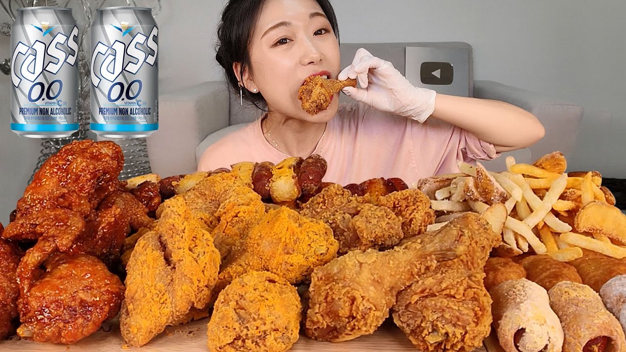 치킨엔 맥주🍻 킹트리플치킨 양념치킨 후라이드치킨 소떡소떡 핫도그 붕어빵 먹방:) I'll try beer and chicken Mukbang