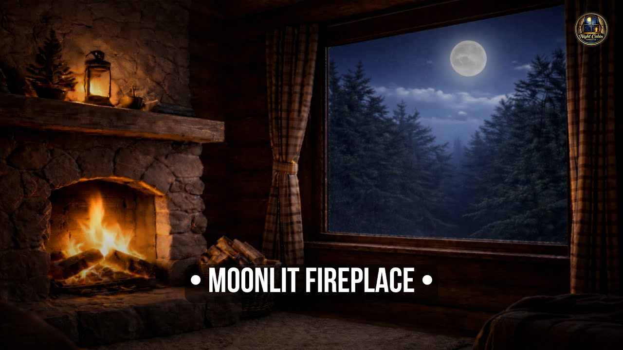 Night Cabin Ambience • Moonlit Fireplace Sounds 10 Hours Deep Sleep
