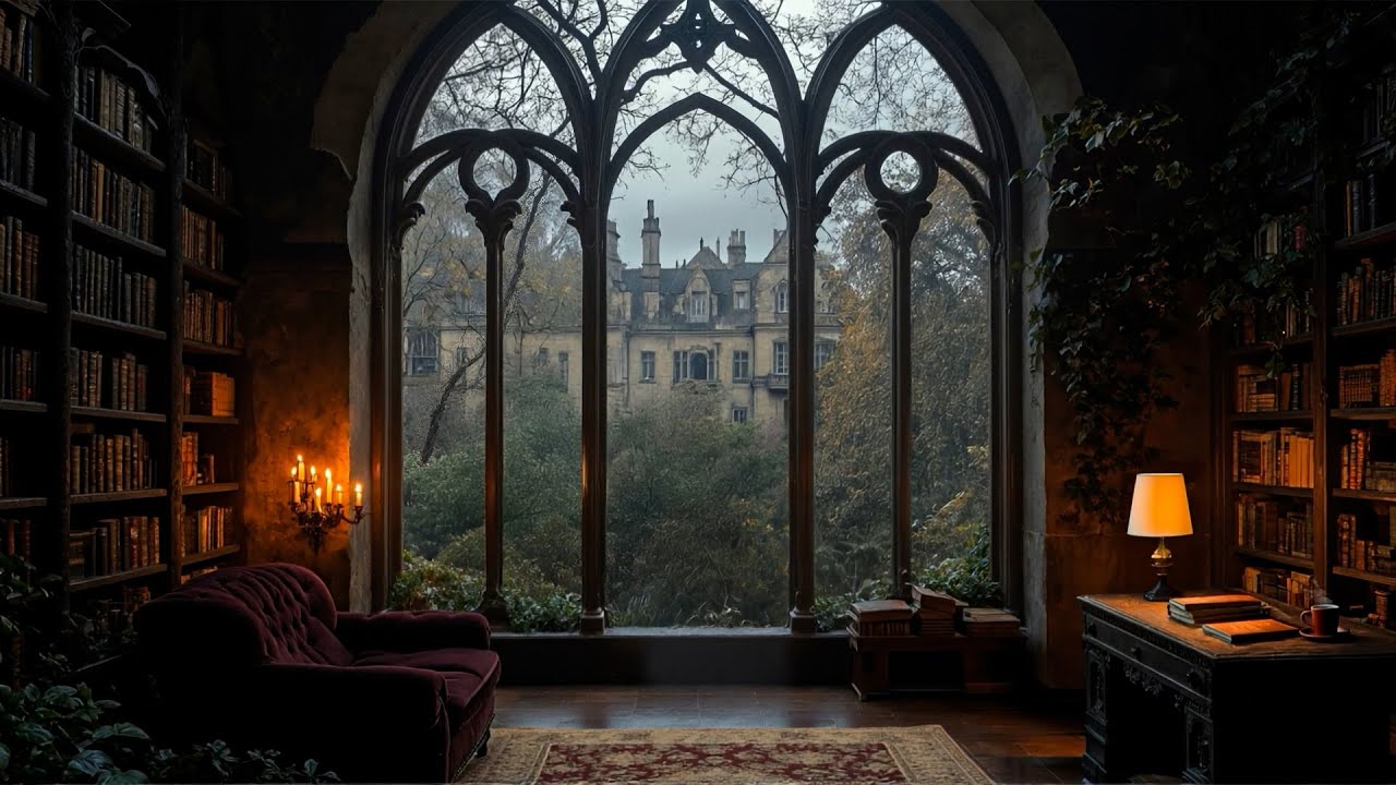 Gothic Library Window at Dusk | Dark Academia Music for Studying, Reading & Quiet Focus