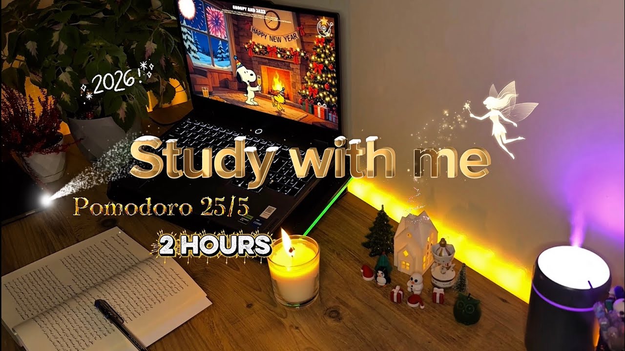 A Soft Start to the New Year 🥳📚2H Study With Me | Pomodoro 25/5 🌧️Rain and fireplace ambiance 🔥🪵
