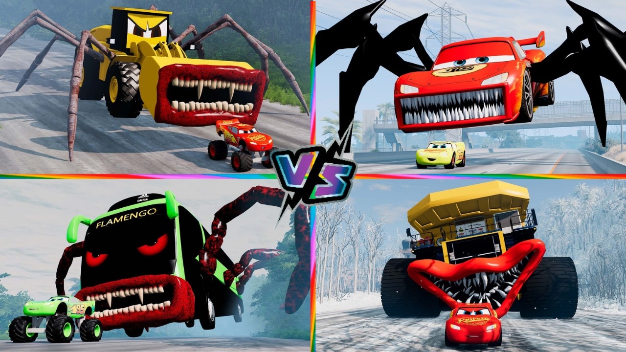 Lightning McQueen vs Giant Mutants! 🏎 Mecha Titans 🆚 Tiles hop EDM RUSH 🆚 SCHOOL BUS Eather EDM RUSH