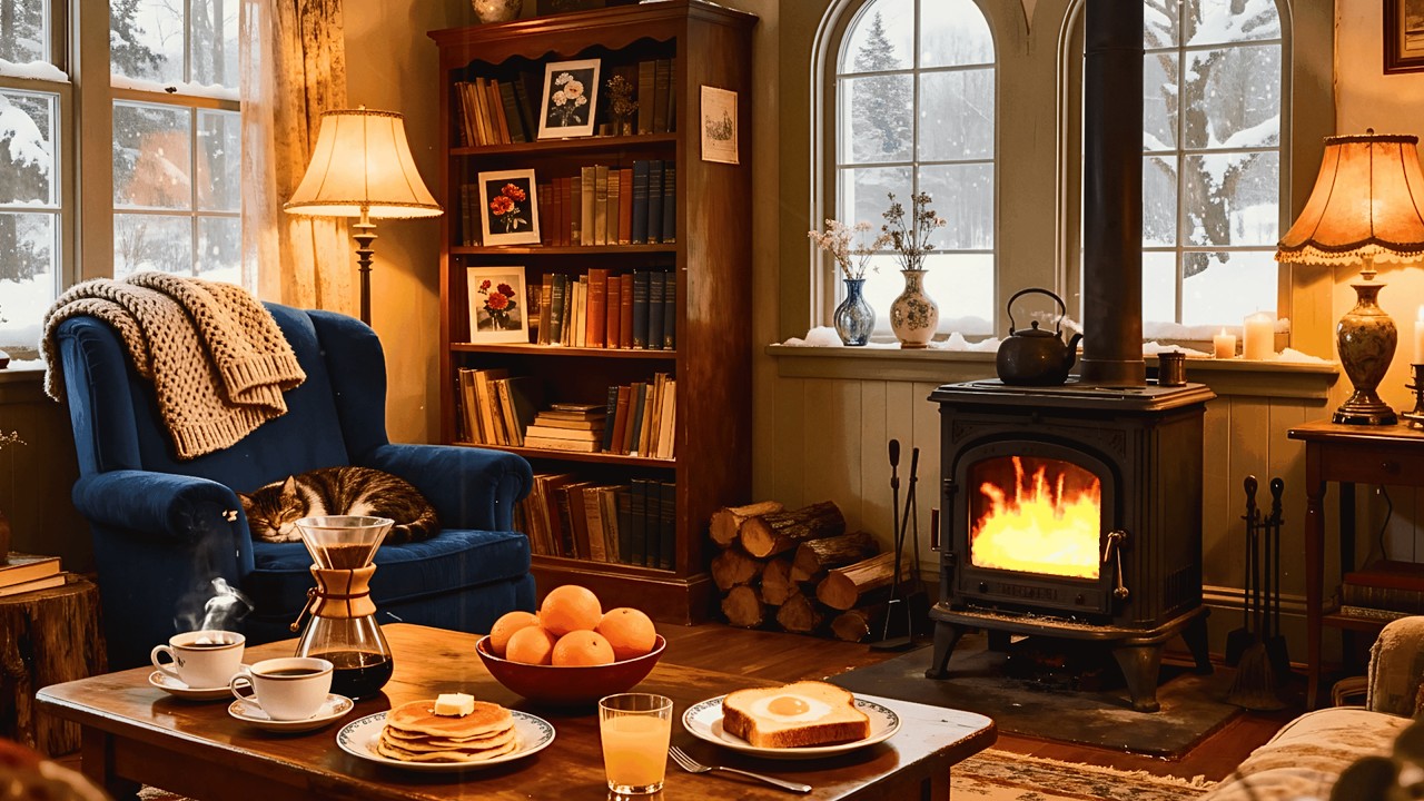 Snowy morning 1940s with jazz oldies playing in another room to sleep & relax | crackling fireplace