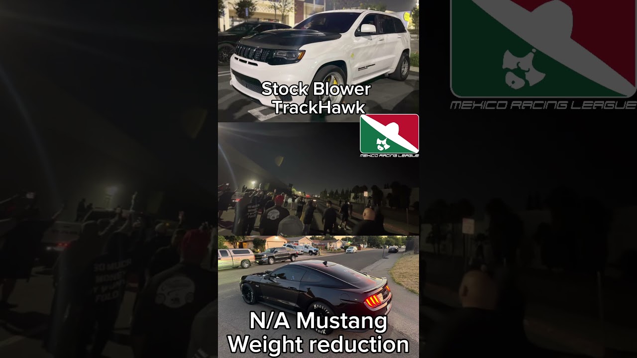 Mustang with some serious weight reduction takes the hit and the win on a stock blower Track Hawk!