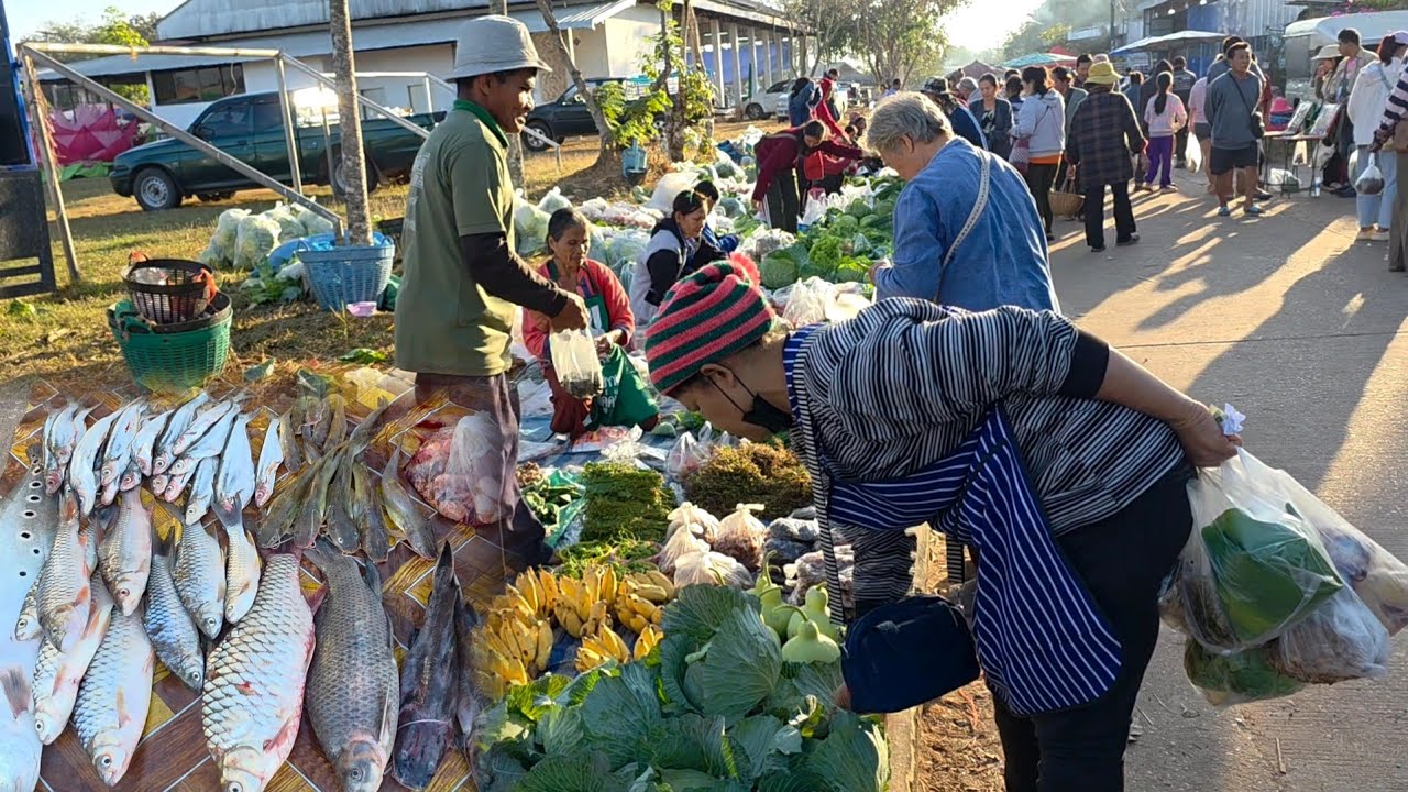 ผักสดๆปลอดสารพิษราคาถูกตลาดนัดเช้าบ้านหนองผือ อ.เขมราฐ จ.อุบลฯ