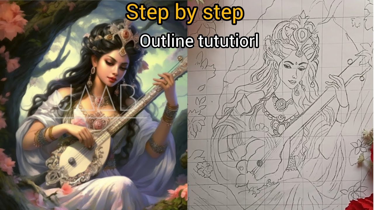 ✨Saraswati Maa drawing step by step outline tutorial pencil sketch #ytshorts #art #viral 