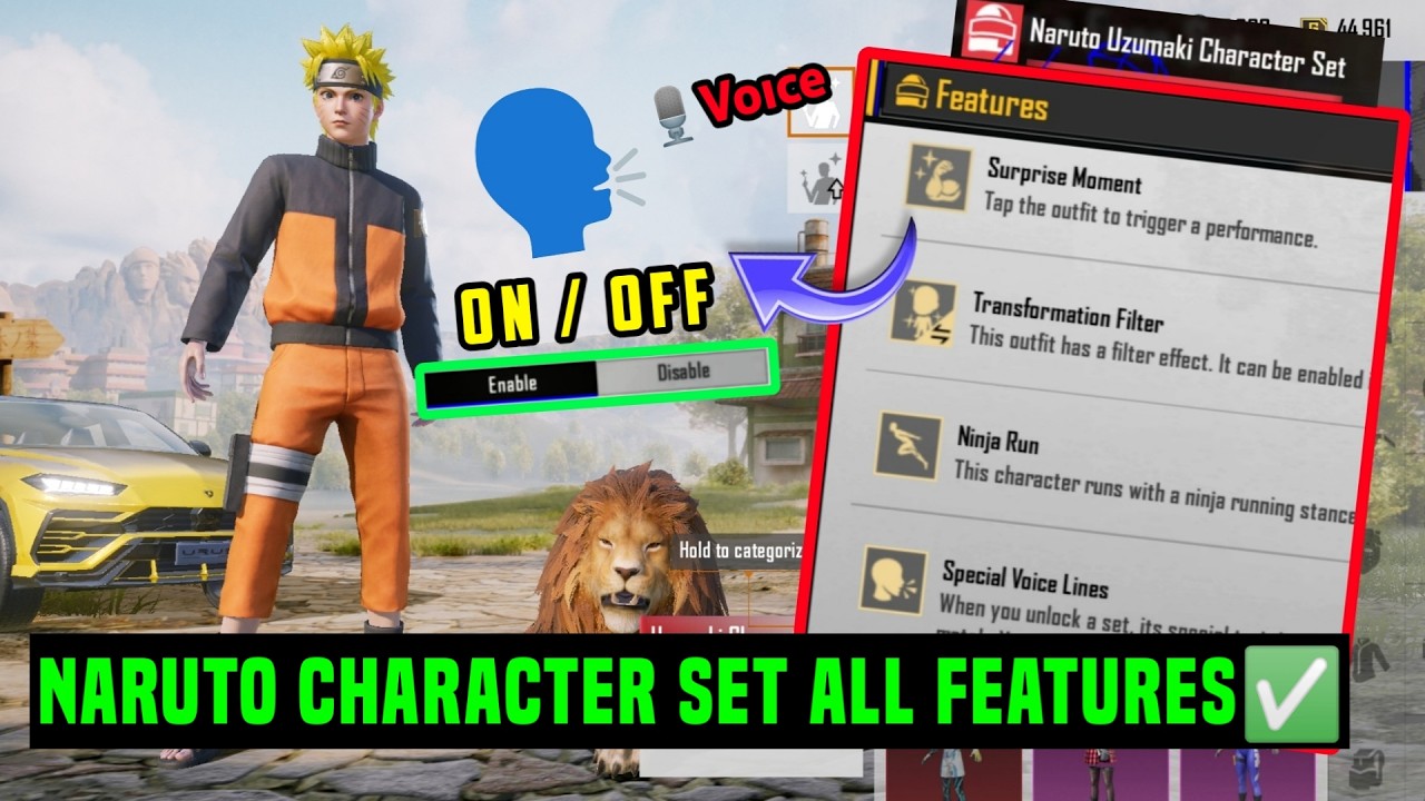NARUTO UZUMAKI CHARACTER SET FEATURES / BGMI NARUTO VOICE CONTROL ON OFF KAISE KARE / ENABLE DISABLE