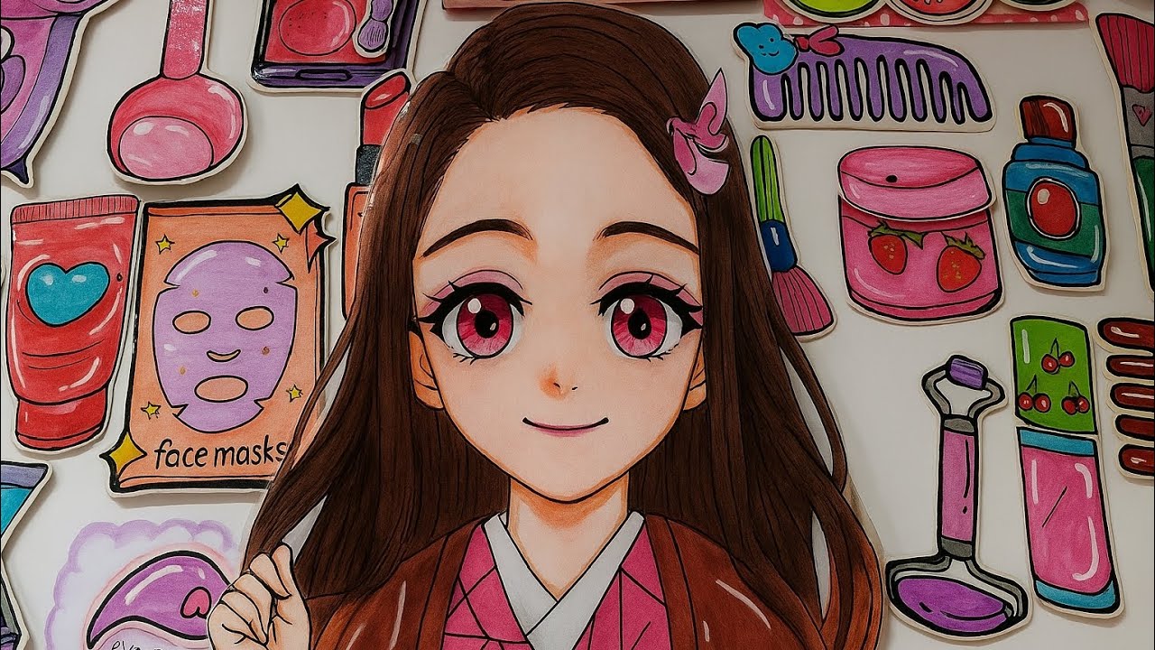 🌈PAPER DIY🌈 DEMON SLAYER NEZUKO KAMADO SKINCARE AND MAKEUP 💄 ASMR 🌈