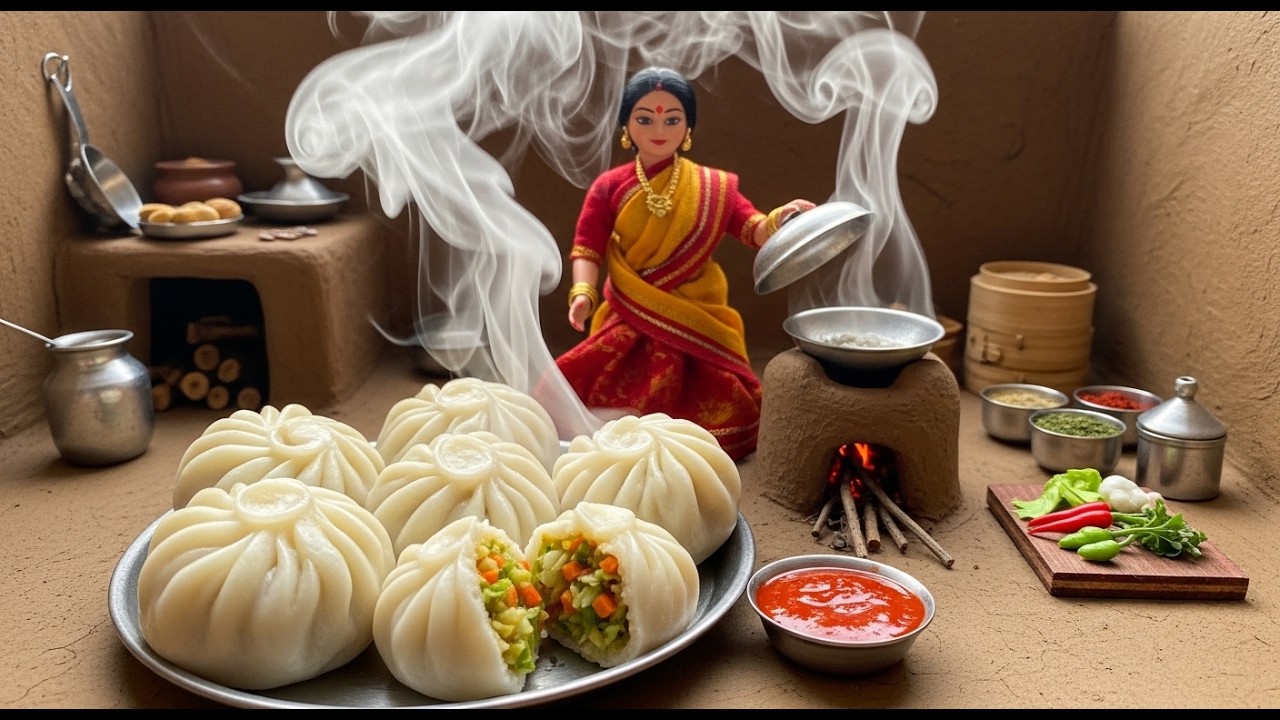 Miniature Doll Momos with Steam Shot Cooking ASMR | Indian Village Tiny Kitchen Recipe