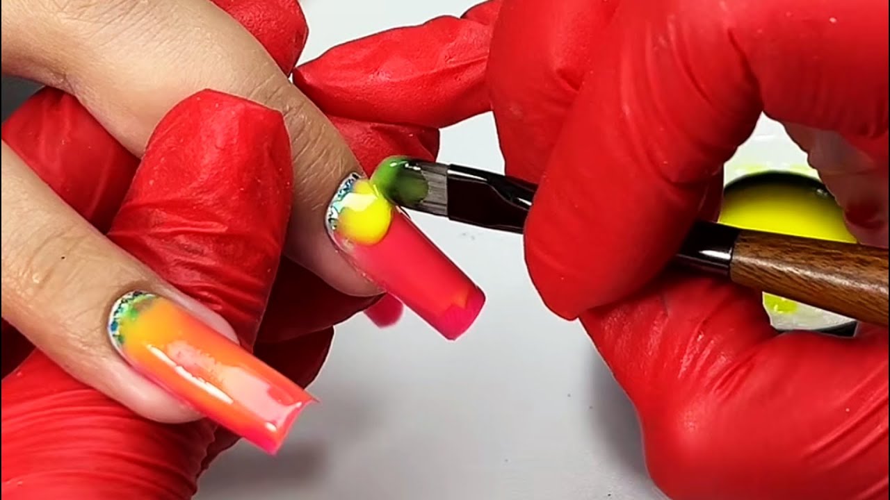 Bright Pink and Yellow Ombre Nails ✨ | Full Manicure Process | Long Square Gel Extension | Glitter