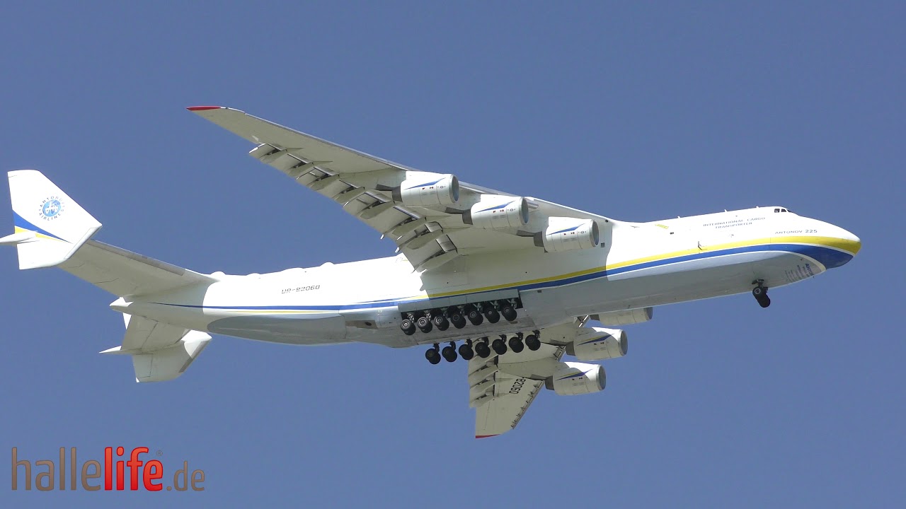 Antonov An-225 Mriya landing in Leipzig/Halle Airport in Germany