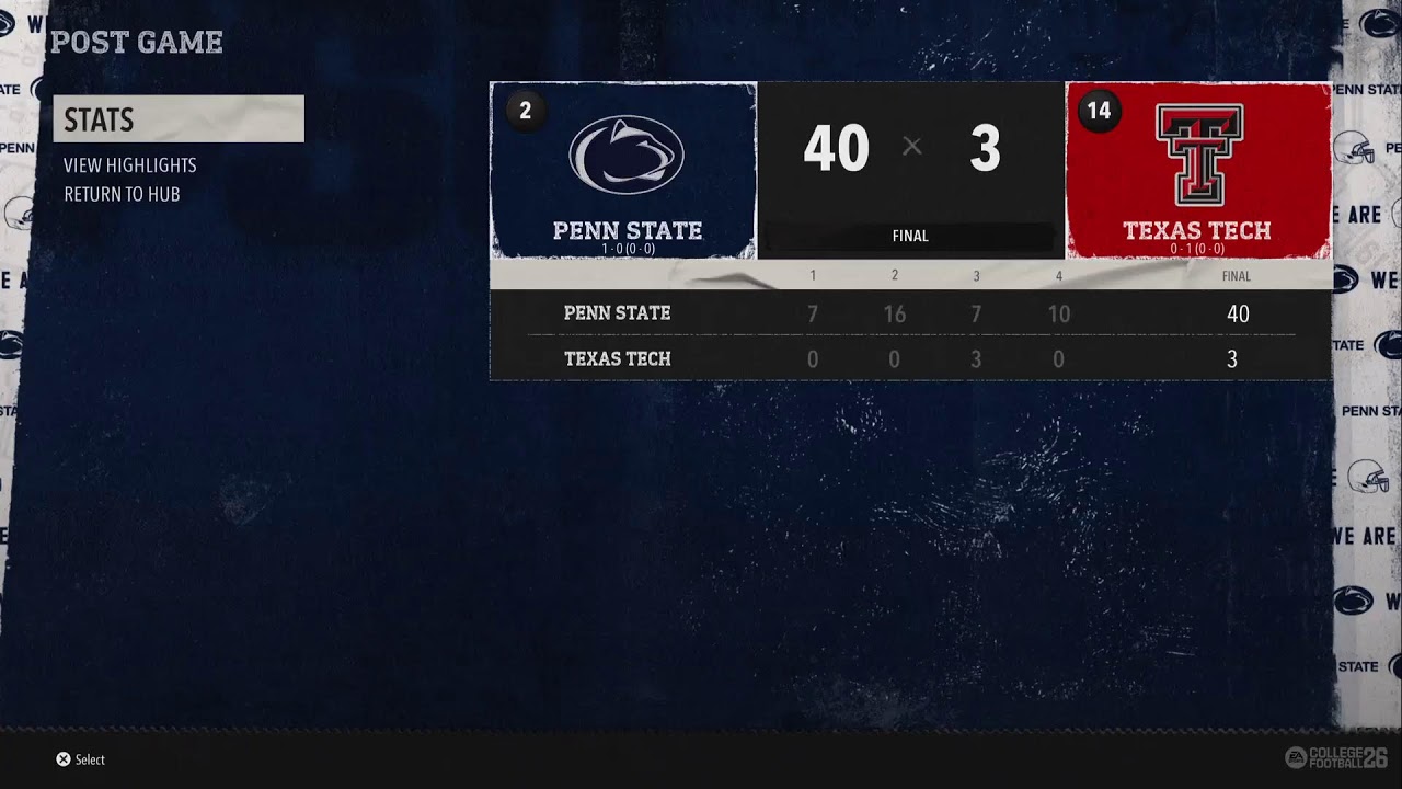 CFB26 SOCCER SIM League #2 Penn State Nittany Lions at #14 Texas Tech Red Raiders
