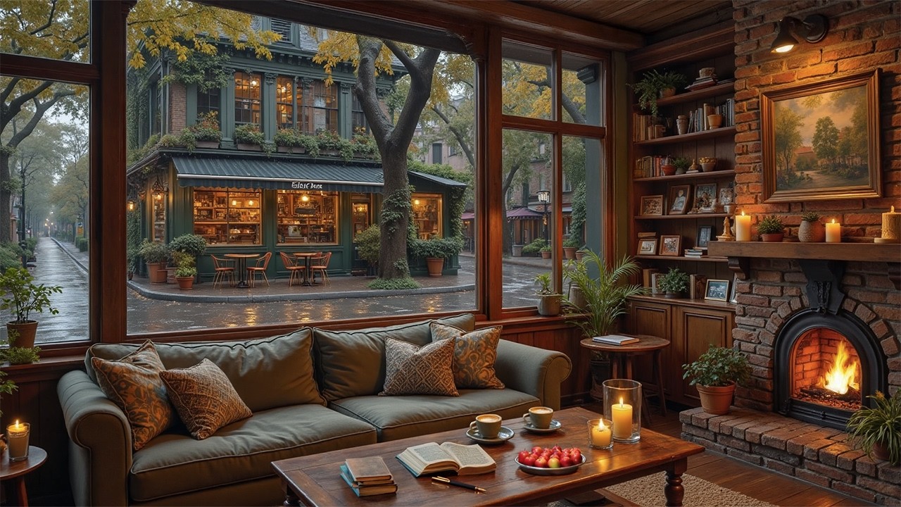 Peaceful March Rainy Coffee Shop Ambience ☕ Gentle Jazz Music & Crackling Fireplace for Study, Work