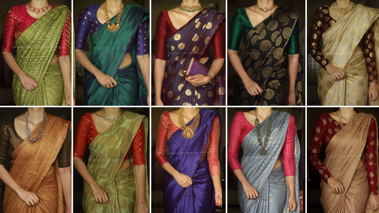 Latest Contrast Blouse With Matching Sarees | Contrast Combination Blouse & Sarees | Matching Blouse