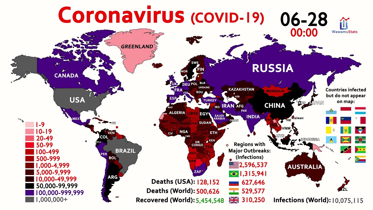 10 Million Coronavirus Cases & 500,000 Deaths Worldwide (World Map Timelapse)