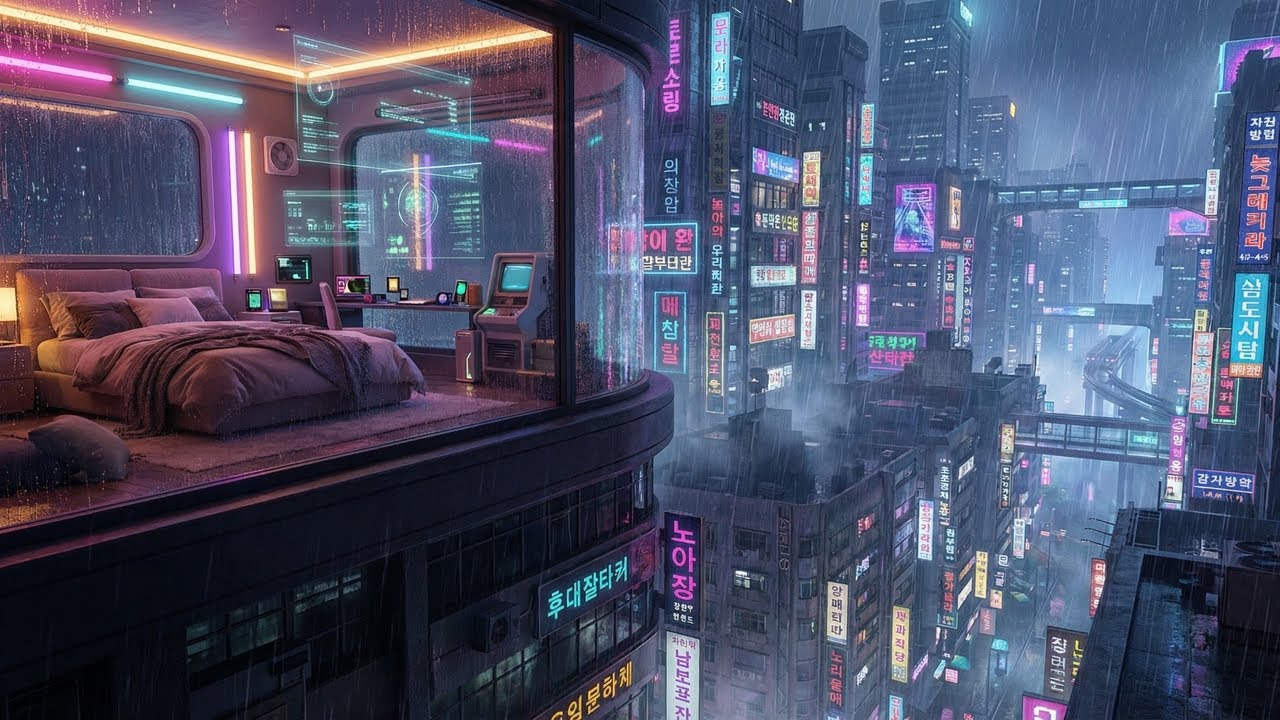 Cozy Cyberpunk Apartment in Neo-Seoul 🌧️ Rain on Window | Coding, Study, Focus