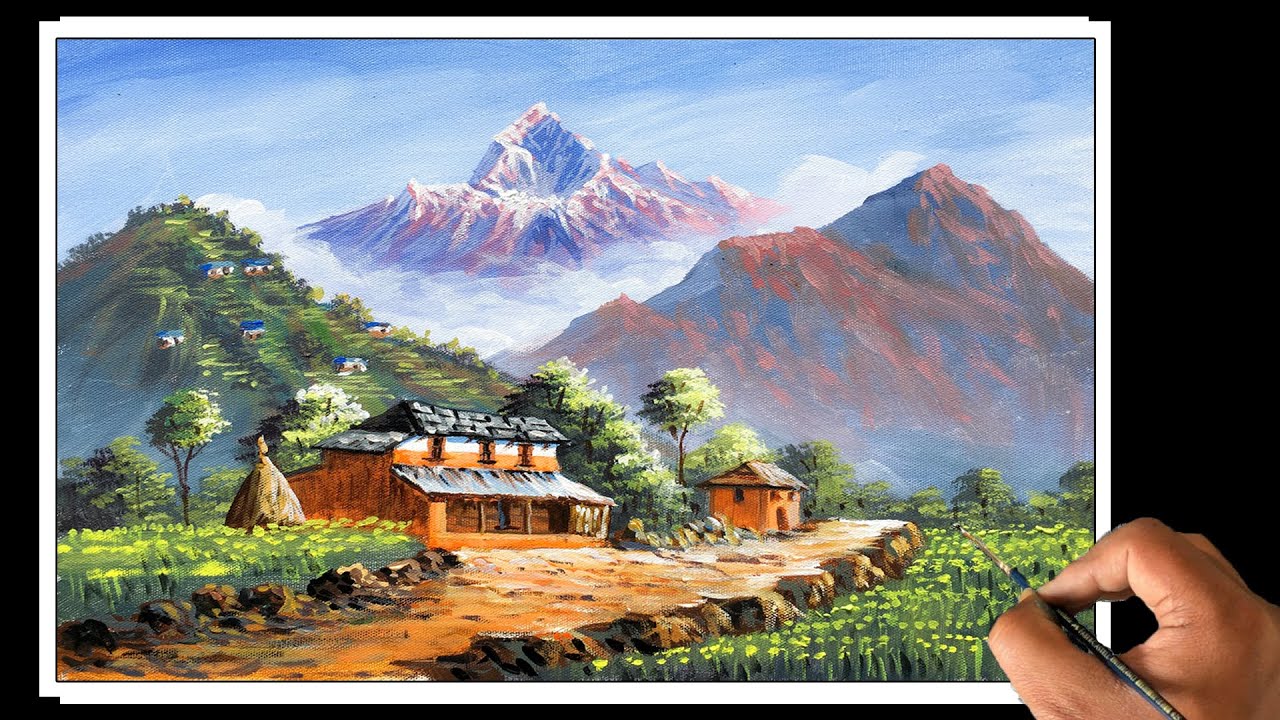 Nepali Painting | Beautiful Nepali Village Landscape Painting | Scenery Painting | Art Candy Nepal