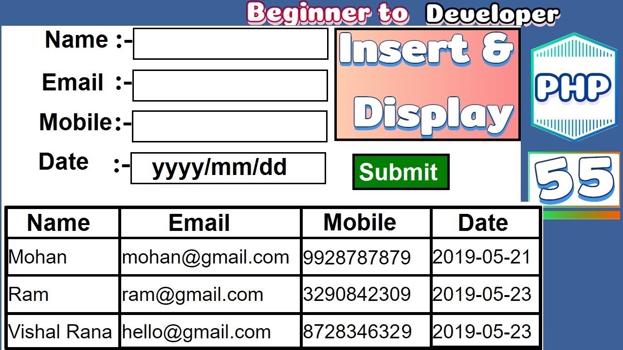 Insert data into database and display in HTML table using PHP and MYSQL | Tutorial - 55