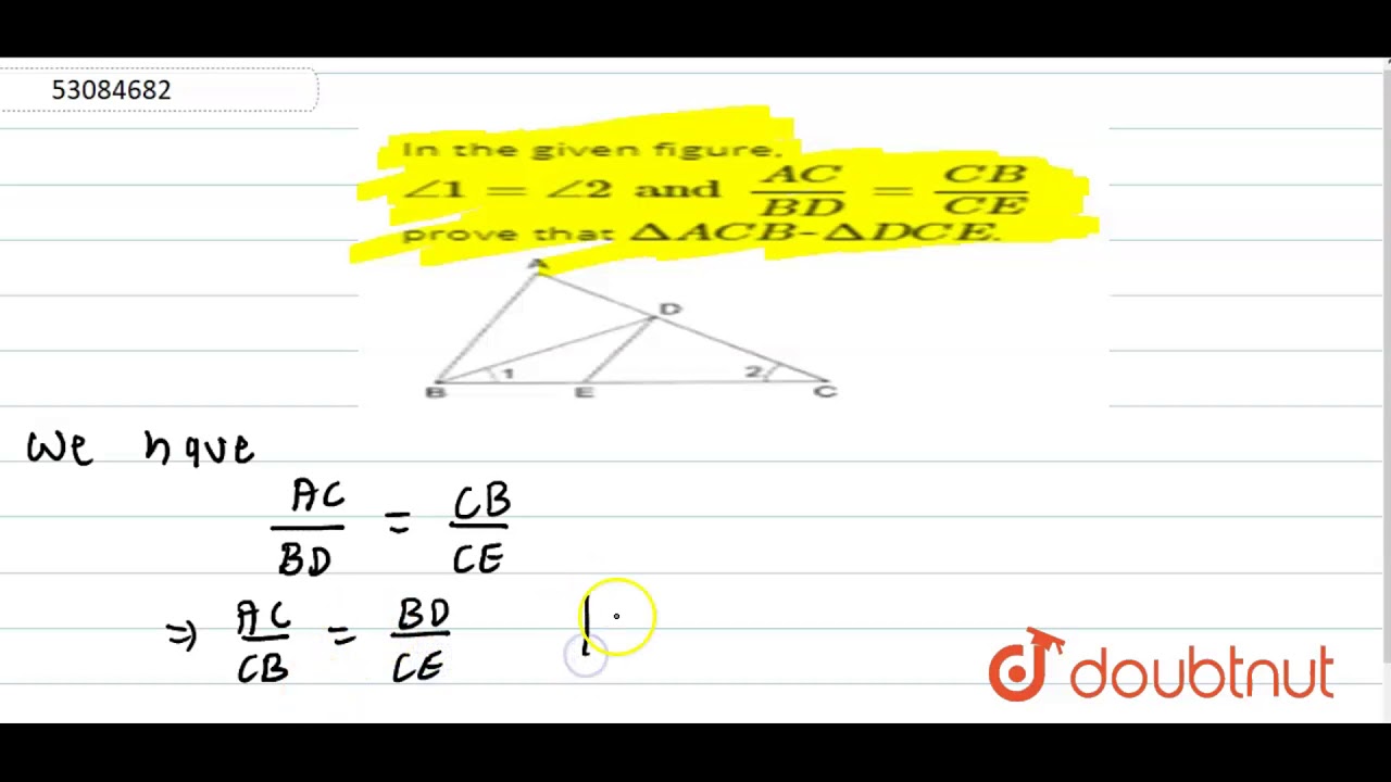 In the given figure, `angle 1 = angle 2 and (AC)/(BD)=(CB)/(CE)
