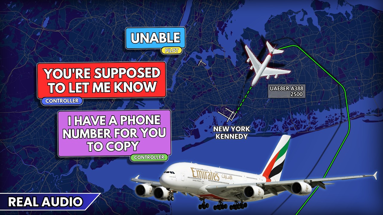 Pilots get a Lesson from Controller. Emirates Airbus A380 has problems on approach at JFK. Real ATC