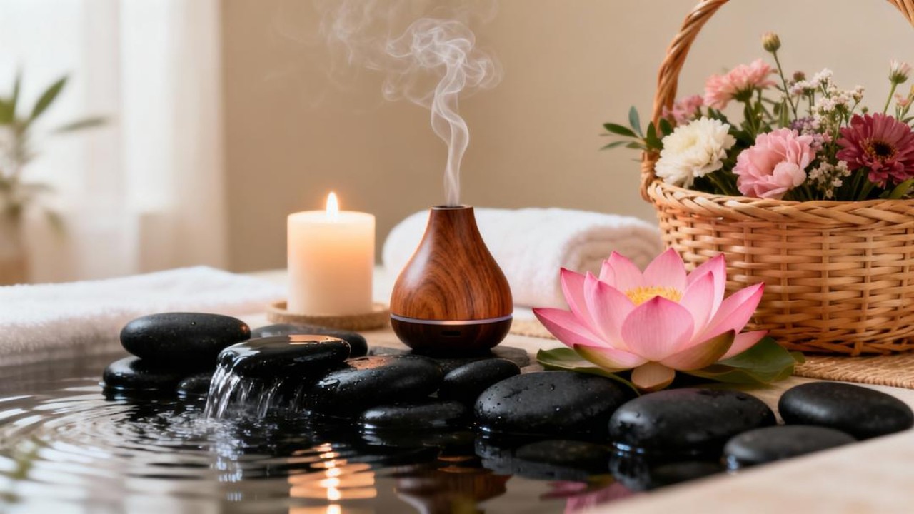 SPA RELAXATION MUSIC WITH FLOWING WATER AND GENTLE PIANO