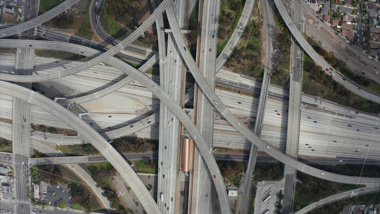 AERIAL: Spectacular Overhead Shot of Judge Pregerson Highway showing multiple Roads, Bridges