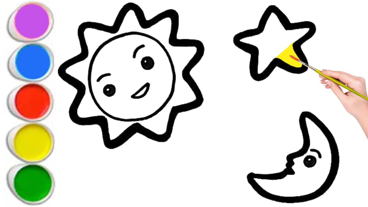 Sun Moon Star Drawing and Coloring for Kids | How to Draw a Sun Moon & Star