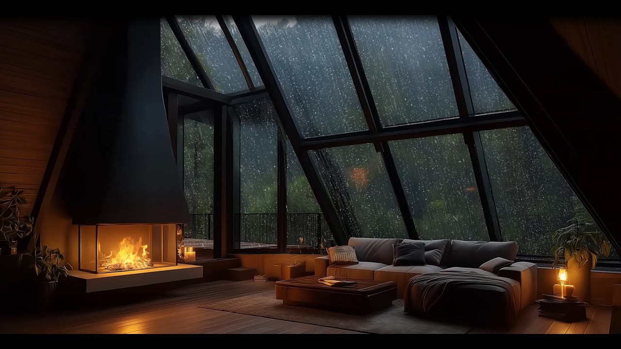 Rainy Night at the Glass Cabin 🌧️ | Cozy Fireplace & Thunderstorm Ambience