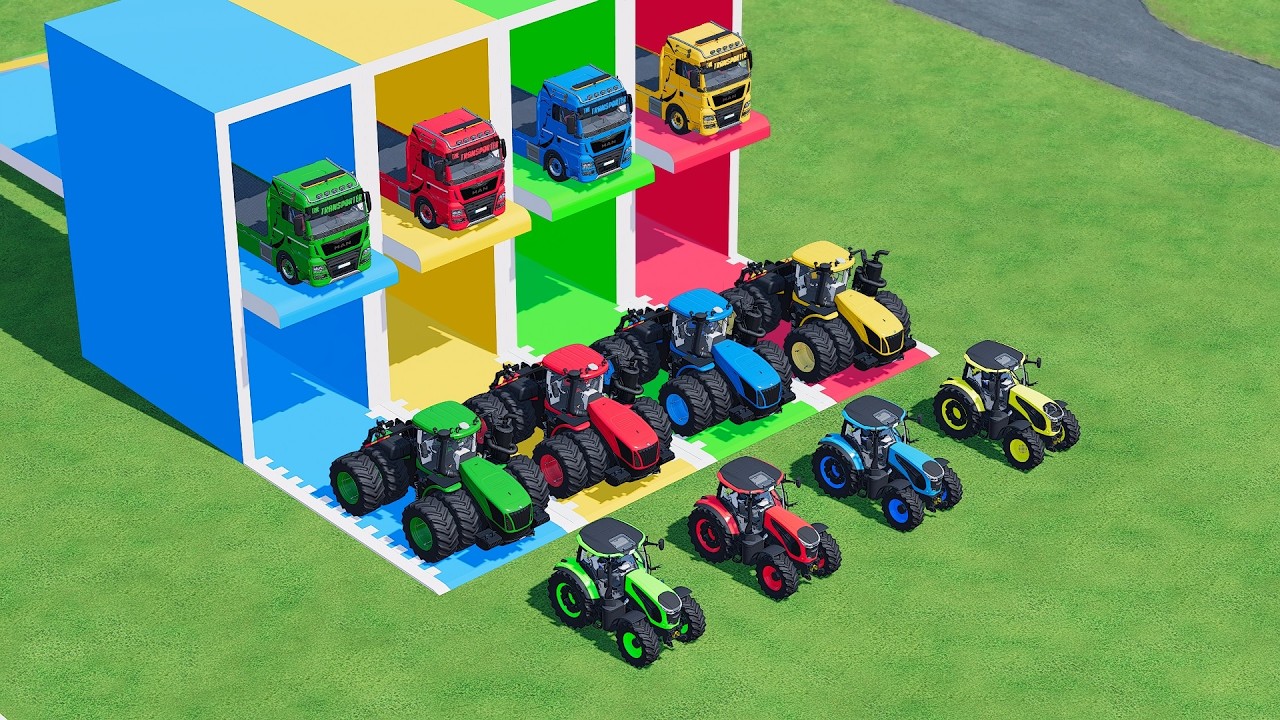 Garage with Colors ALL MIXER TRUCK WITH DOUBLE FLATBED TRAILER TRUCK, RENAULT, MAN, TRACTOR