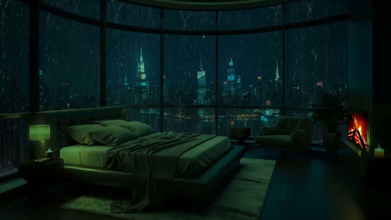 No Ads | Stormy Night City View from a Luxury NYC Penthouse 🌧️ Soothing Rain Sounds for Deep Sleep