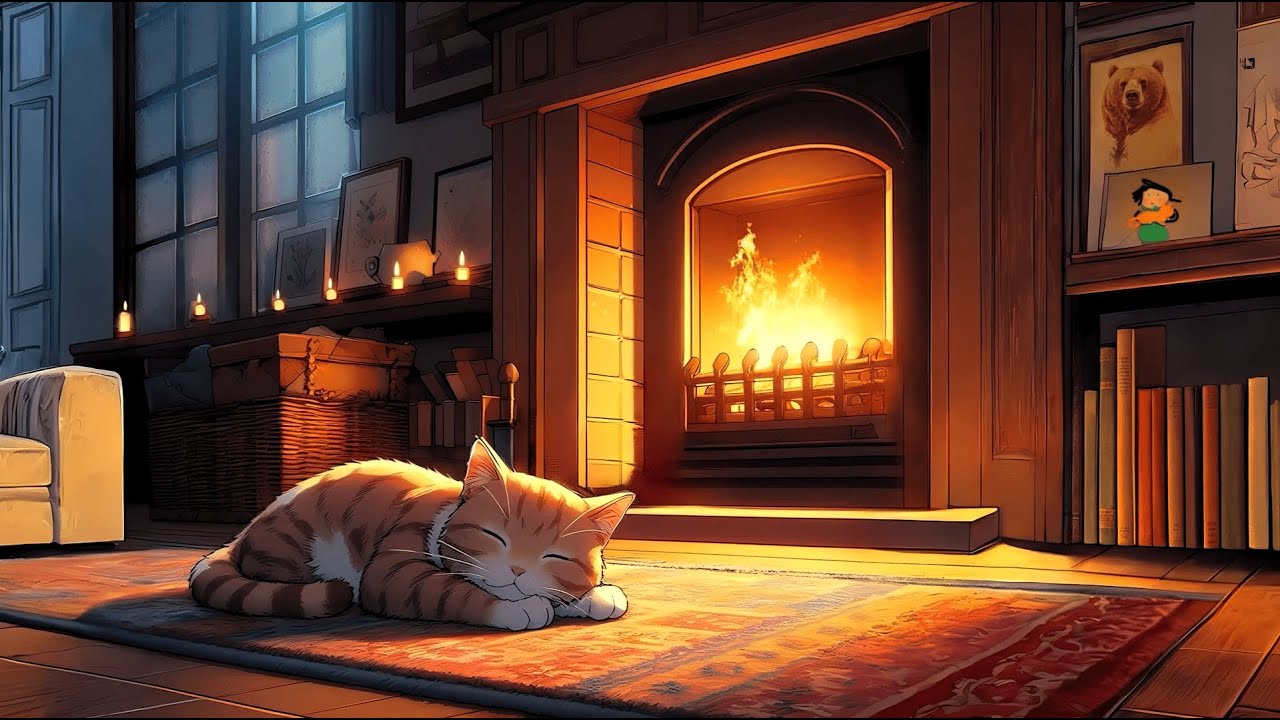 Cat Sleeping by the Fireplace | 10 Hours Cozy Fire Sounds for Deep Sleep