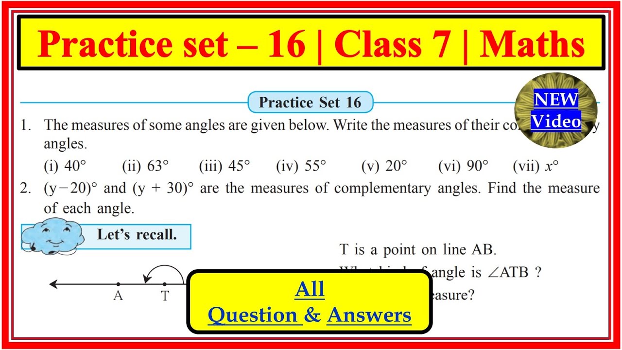 Practice Set 16 Class 7th Math | Chapter 4 Angles and Pairs of Angles Maharashtra Board Std 7th Math