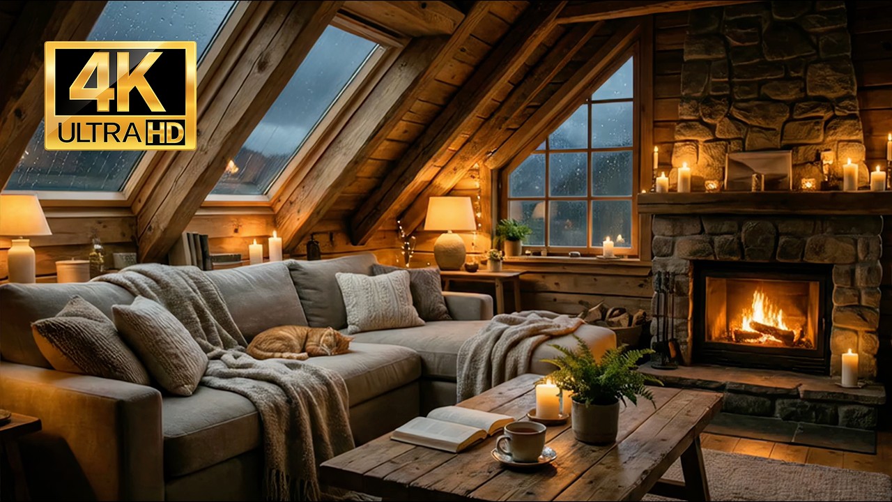 Crackling Fireplace & Cozy Attic Ambience (Fireplace 4K)