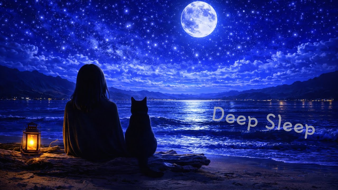 Moonlit Beach with a Black Cat | Deep Sleep Ambience